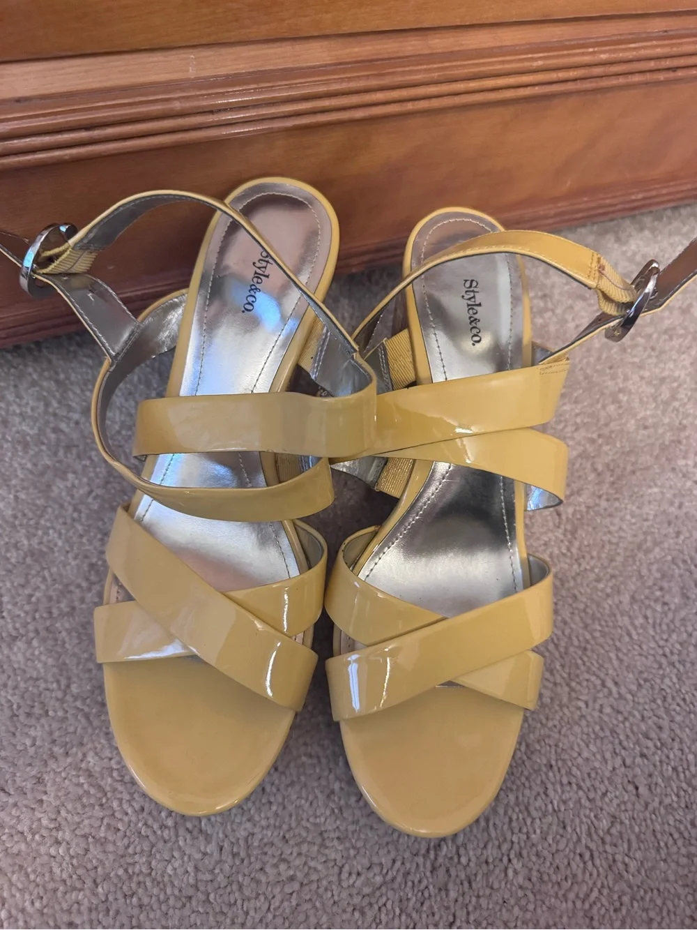 Style & Co. Yellow Patent Wedge Sandals with Metallic Accents